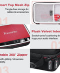 Open Road Ready Tough EVA Case For Focusrite Scarlett 2i2 4th Gen showing mesh zip pocket, red interface, and black zippers