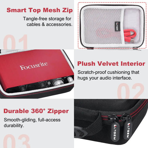 Open Road Ready Tough EVA Case For Focusrite Scarlett 2i2 4th Gen showing mesh zip pocket, red interface, and black zippers