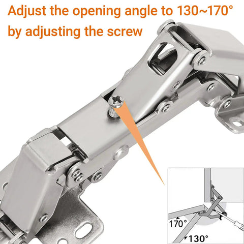 Adjustable Pair Of 175 Degree Frameless Soft Close Cabinet Hinges With Hidden Hydraulic Lazy Susan Function, showing angle range