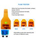 Solid Go-To Auto Fuse Tester And Puller Set Featuring Crisp LED Lights For Atc Atm Maxi Blade Fuses Quick Circuit Check, orange fuse tester with indicator lights.