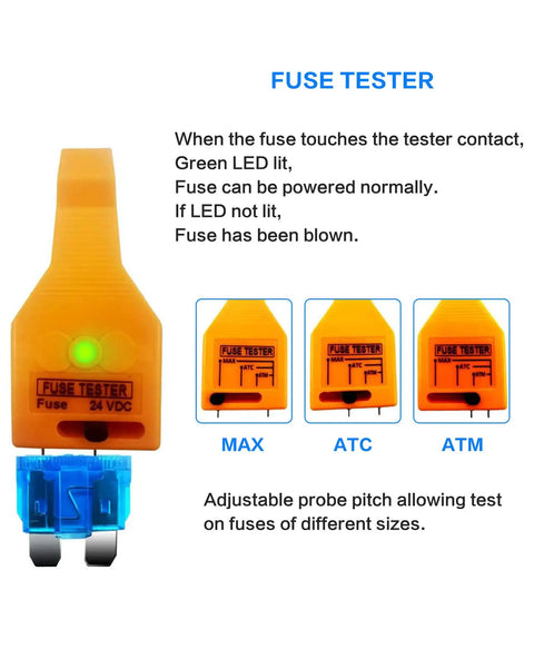 Solid Go-To Auto Fuse Tester And Puller Set Featuring Crisp LED Lights For Atc Atm Maxi Blade Fuses Quick Circuit Check, orange fuse tester with indicator lights.
