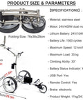 Hassle Free Electric Foldable Golf Cart With Remote Control Three Wheel Bag dimensions and specifications including stainless steel material.
