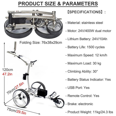 Runs Smooth On Every Fairway And Handles Rough Terrain, Kickass 3 Wheel Electric Golf Cart With One Touch Remote, Super Easy Fold Steel Frame, Dual 400W Motors, And Long Haul Lithium Power specifications showing folding size and features.