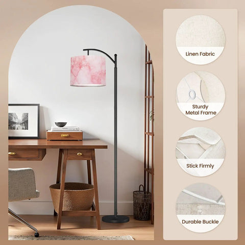 Marble Granite White Drum Lamp Shade With Pink Graphic Abstract Pattern on floor lamp in modern home office decor