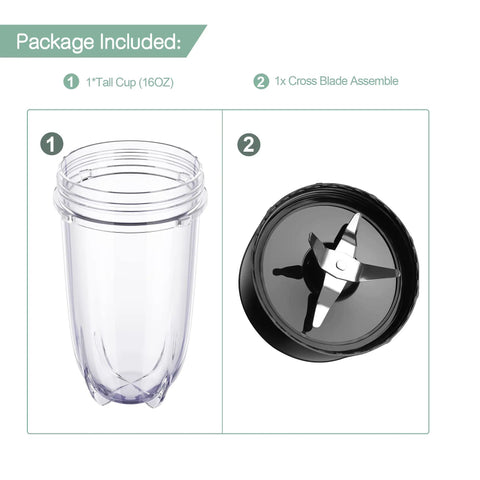 Two Piece 16oz Cup And Cross Blade Blender Replacement Parts For 250W Bullet Style Blenders MB1001 Series Great For Smoothies Frozen Drinks And Creamy Mixes