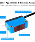 Compact Diffuse Photoelectric Sensor With Background Suppression And 2mm Red Laser, No Fuss Install, Sensing Range 20 To 300 Mm, 10 To 30 VDC, PNP Output, Unaffected By Background Color, Ideal For Transparent Objects. Blue sensor housing with cable, lens, and indicator labels.