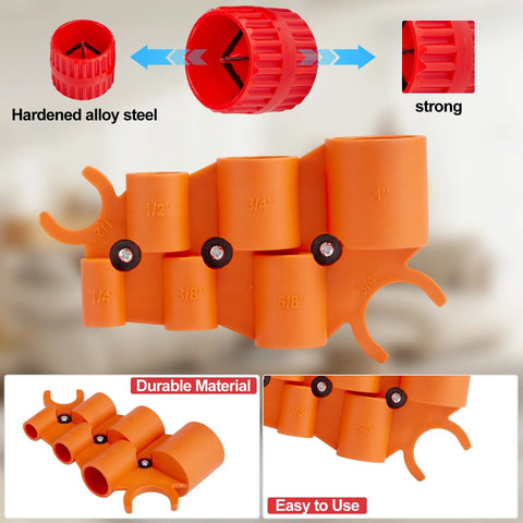 Orange plastic pipe deburring and chamfer tool set with multiple size sockets for 1/8 to 1-5/8 inch pipe