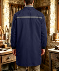 Mens Heavy Duty Mechanic Lab Coat With Reflective Safety Strips Breathable Navy Workshop Uniform Industrial Warehouse Gear back view