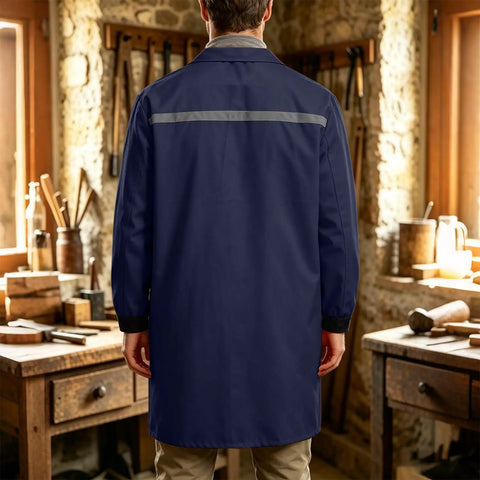 Mens Heavy Duty Mechanic Lab Coat With Reflective Safety Strips Breathable Navy Workshop Uniform Industrial Warehouse Gear back view