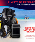 Save A Dive Scuba Repair Kit For Divers All In One Gear Maintenance Set next to scuba gear on a beach