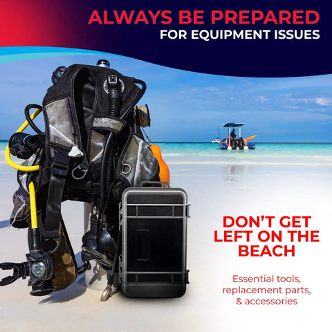 Save A Dive Scuba Repair Kit For Divers All In One Gear Maintenance Set next to scuba gear on a beach