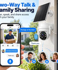Wireless 2K HD Outdoor Security Camera With Massive 6000mAh Battery And Smart AI Motion Alerts And Rockin Night Vision And Crystal Clear Two Way Audio And Rugged IP65 Weather Armor For Home Defense White in use with smartphone display showing two-way talk feature.