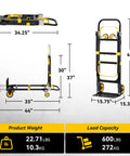 3 In 1 Convertible Hand Truck Dolly With Adjustable Handle Expandable Base And Collapsible Cart Converts Between Two Wheel Upright And Four Wheel Dolly 600 Lbs Capacity Heavy Duty Built To Haul Yellow Two Pack, 35-44 in base, 30-37 in handle