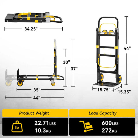 3 In 1 Convertible Hand Truck Dolly With Adjustable Handle Expandable Base And Collapsible Cart Converts Between Two Wheel Upright And Four Wheel Dolly 600 Lbs Capacity Heavy Duty Built To Haul Yellow Two Pack, 35-44 in base, 30-37 in handle