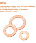 Copper Washer Kit With 12 Sizes And 300 Pieces, high conductivity copper washers in close-up view showing material quality.