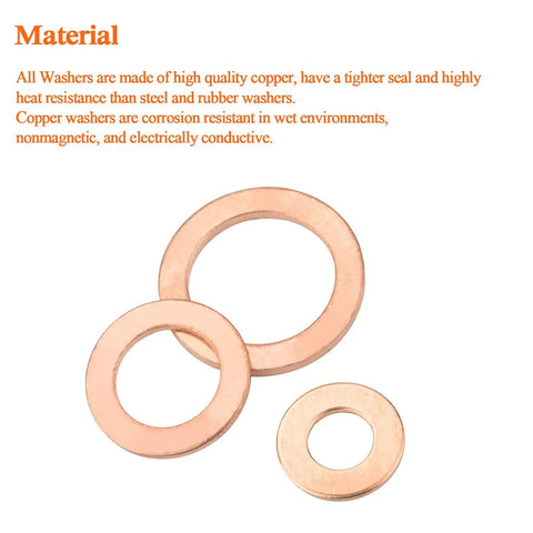 Copper Washer Kit With 12 Sizes And 300 Pieces, high conductivity copper washers in close-up view showing material quality.