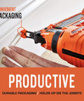 Person using a nailer with Pro Grade Finish Nails For 20 Degree Angled Nailers 16 Gauge Galvanized One And Quarter Inch 2K Per Box.