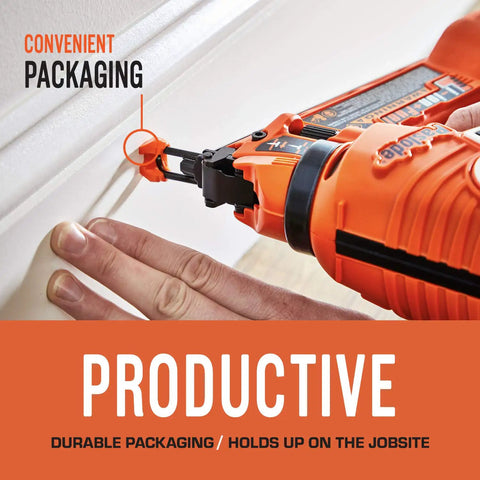 Person using a nailer with Pro Grade Finish Nails For 20 Degree Angled Nailers 16 Gauge Galvanized One And Quarter Inch 2K Per Box.