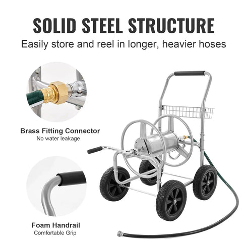Heavy Duty Hose Reel Cart For 250 Ft Of 5/8 Inch Hose, Grab-And-Go Garden Water Cart With 4 Wheels, Powder Coated Steel Construction