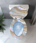 Elongated Toilet Seat with Cover for Bathroom, top view showing decorative design and installation fittings.