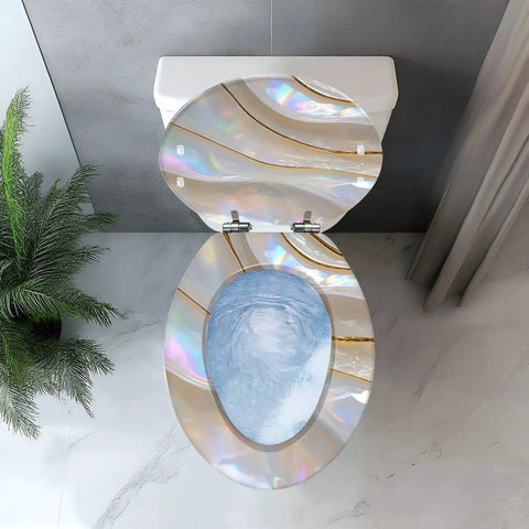 Elongated Toilet Seat with Cover for Bathroom, top view showing decorative design and installation fittings.