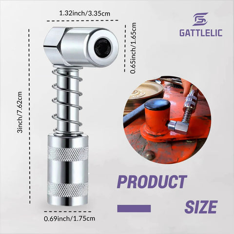 Front view of Grease Gun Accessory Kit, chrome, needle dispenser, 2 nozzles, 90° coupler, 12in hose, zerk cleaner.