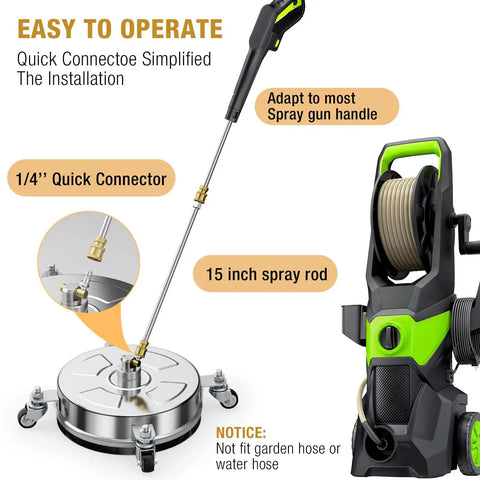 Beast 14 Inch Pressure Washer Surface Cleaner With 4 Wheels And Stainless Steel Housing 4000 PSI Max Includes 3 Connect Nozzles
