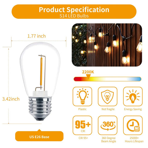 24 Pack LED S14 Replacement Bulbs For Outdoor String Lights, 1 Watt 2200K Warm White, E26 Medium Base, Shatterproof, Non Dim