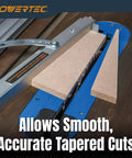Pro Grade Table Saw Tapering Jig With 24 Inch Aluminum Rails Laser Etched Scale And 15 Degree Angle Cut Guide in action, cutting wood.