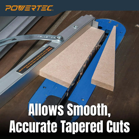 Pro Grade Table Saw Tapering Jig With 24 Inch Aluminum Rails Laser Etched Scale And 15 Degree Angle Cut Guide in action, cutting wood.