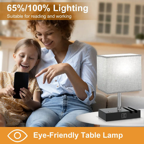 Woman and child beside lit Touch Lamp With USB C And USB A Ports, 3 Level Brightness, 3 Way Dimmable Bedside Table Lamp With 2 Phone Slots