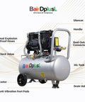 Heavy Duty 9.5 Gallon Air Compressor Delivers Solid 115 Psi Performance Ultra Quiet 70 Decibel Level features dual hoses and 36L tank.
