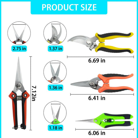 4 Pack Garden Pruning Shears Set With Stainless Steel Sharp Blades And Non Slip Grip, various shears with sizes shown