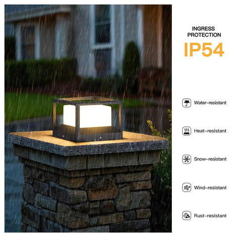 Outdoor Post Lights Hard Wired Modern 9.1 Inch Column Lights AC100-240V Waterproof Pillar Lamp 3000K LED on stone pillar in rain