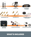 Contents of 2 Piece Crafting Tool Combo Kit Rotary Tool And Wood And Metal Crafter With Universal Bit Compatibility And Compact Brushless Motor