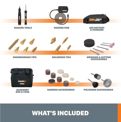 Contents of 2 Piece Crafting Tool Combo Kit Rotary Tool And Wood And Metal Crafter With Universal Bit Compatibility And Compact Brushless Motor