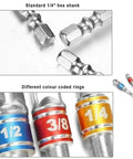 Turns Your Drill Into a High Speed Nut Driver With This Impact Grade Socket Adapter Set showing color-coded 1/4, 3/8, 1/2 inch adapters.