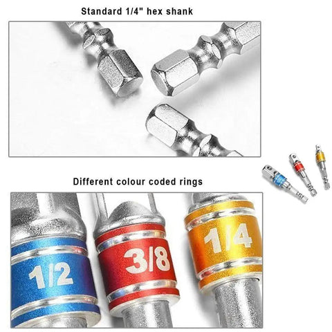 Turns Your Drill Into a High Speed Nut Driver With This Impact Grade Socket Adapter Set showing color-coded 1/4, 3/8, 1/2 inch adapters.