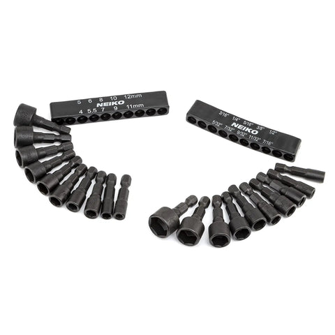 Impact Drill Nut Driver Set 20 Piece One Quarter Inch Hex Nut Driver Bits Metric And Standard Sizes Four To Twelve Millimeters And Five Thirty Second Inch To Half Inch CR V Steel Nutsetter Driver Bits in plastic case