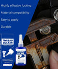 Blue Thread Locker for Nuts and Bolts, Medium to High Strength, shown in 50ml bottle with application on wrench and metal fasteners.