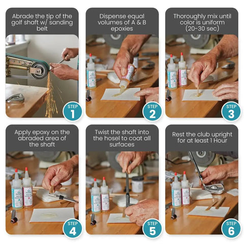 Step-by-step instructions for using Fast Cure Golf Epoxy For Quick Club Repairs, Bond Up To 3 Golf Clubs Per Mix, Fully Cures In 1 Hour.