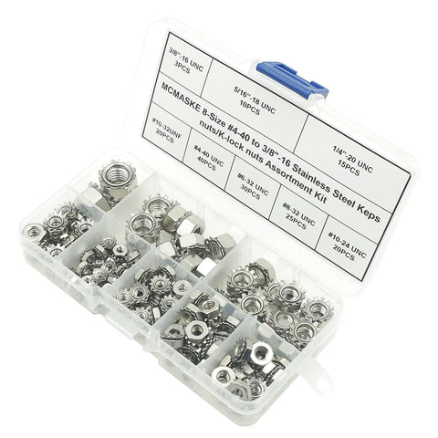 Stainless Steel Keeps Nuts With Integral Washers, 163 Piece Screw Bolt Box Covering 4-40 Through 3/8-16 Sizes organized in a tackle case.