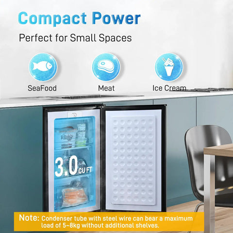 Slick 3 Cu Ft Mini Upright Freezer Boasts Three Smooth Pull Down Drawers And Adjustable Thermostat For Rapid Cooling Builds Zero Hassle In A Bright Silver Finish Ideal For Tiny Dorms Or Garages with open door showing contents.
