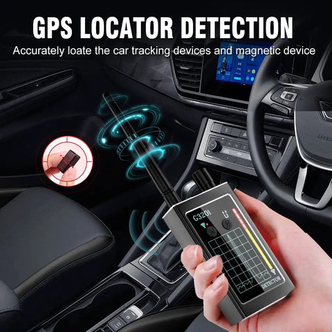 Hand holding Hidden Camera Detector And Bug Spy Scanner With High Sensitivity No Nonsense RF Wireless Detection in car