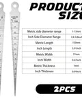 Two stainless steel double-sided taper gauges with metric 1–15 mm and inch 1/8–5/8 in scales, front view, 2 pcs