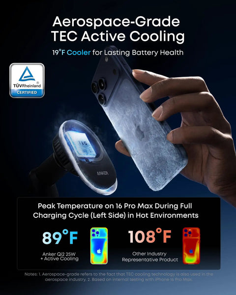 Prime MagSafe Car Mount Charger with Qi2 25W Wireless Fast Charging, showcasing cooling feature with iPhone.