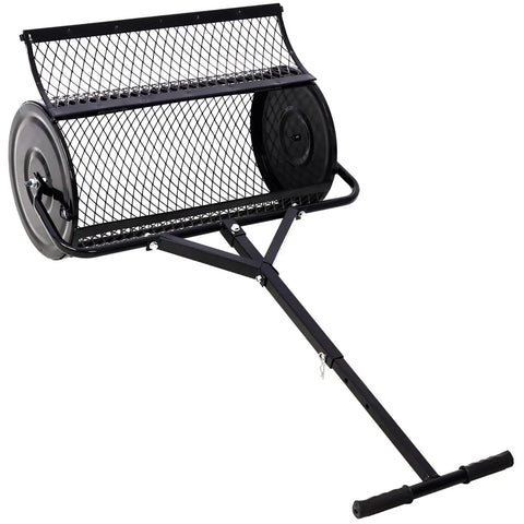 24 Inch Peat Moss Spreader With Steel Mesh Roller And T Shape Handle Heavy Duty Lawn And Garden Care Tool For Even Seed And Material Spreading In Large Backyards