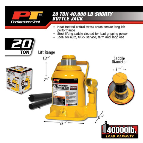 20 Ton Shorty Bottle Jack For Auto Truck Farm And Shop Lifting, 40,000 Lb Capacity, Lift Range From Seven And A Quarter Inch To Thirteen And Three Quarter Inch, Heavy Duty Workhorse Lifting Tool
