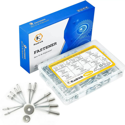 580 Piece Pop Rivet Assortment Kit With Aluminum Blind Rivets In 3/32 1/8 5/32 3/16 Inch Diameters 2mm To 12mm Grip Range Includes 60 Washers
