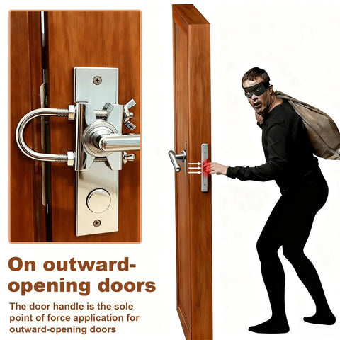 Portable Travel Door Lock Heavy Duty Security Lock for Outward Opening Doors installed on wooden door with burglar